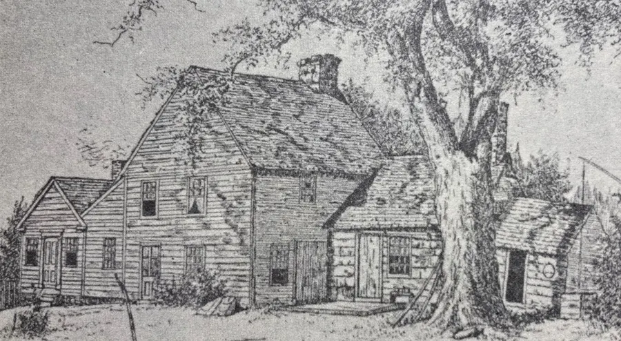 The Newell Root House — period pen-and-ink illustration of an early Plainville colonial-era home