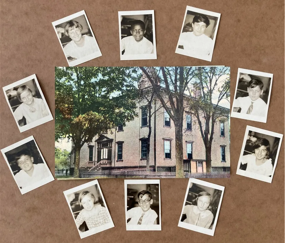 Broad Street School 1928 — class portraits arranged around the school building