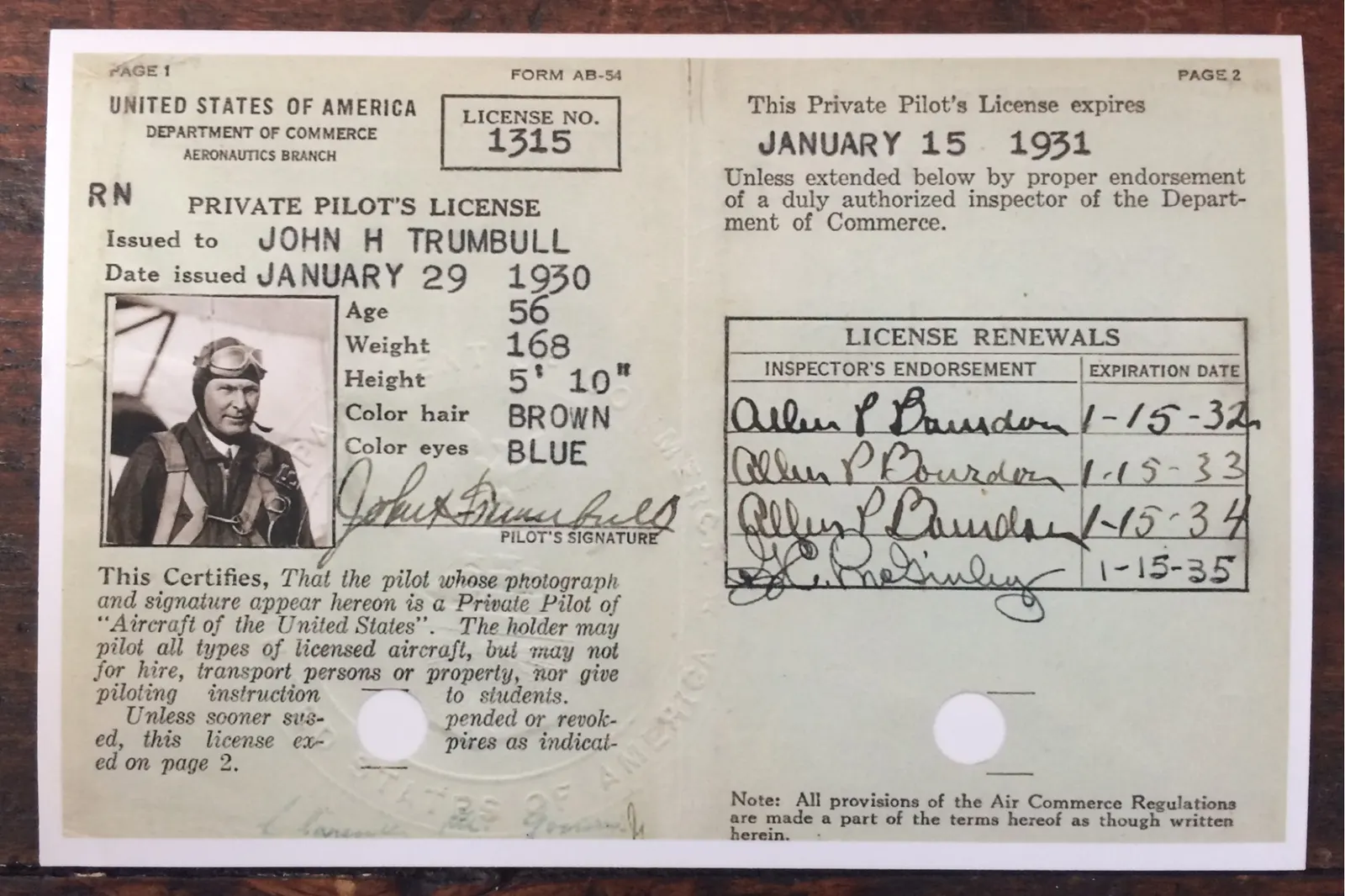 Private pilot's license issued in 1930 to John H. Trumbull, on display at the Historic Center