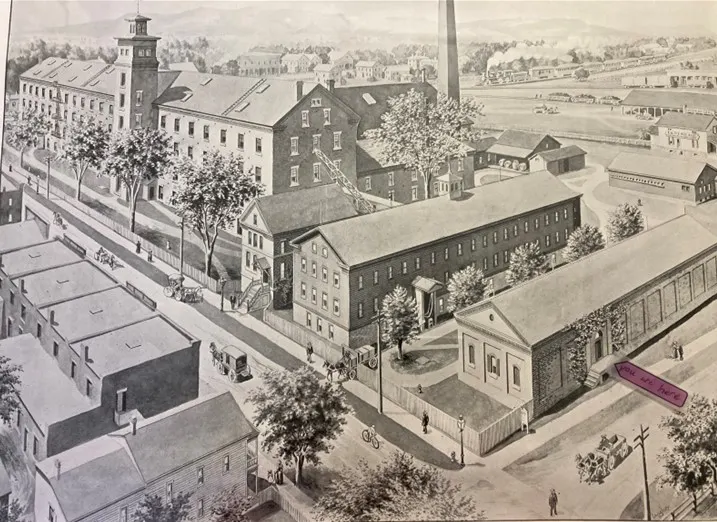 Historic lithograph of the Plainville factory district from the 1800s
