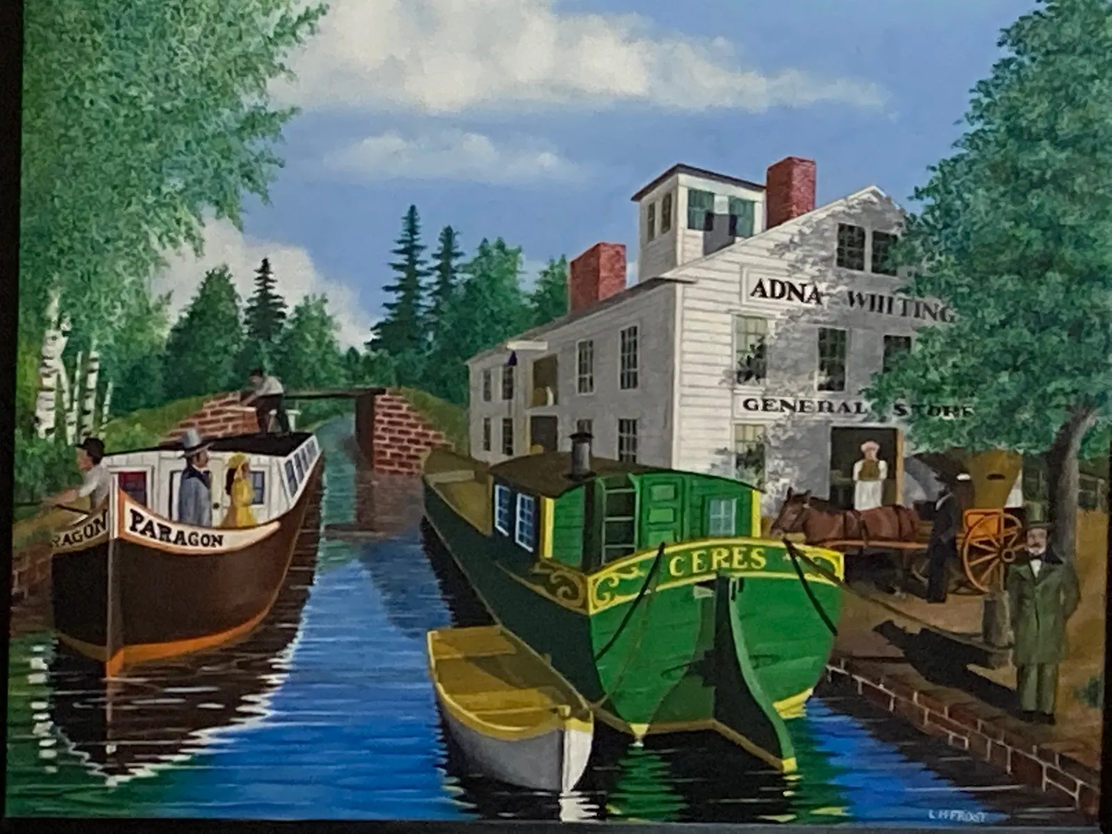 Painting of canal boats Paragon and Ceres at Adna Whiting General Store on the Farmington Canal